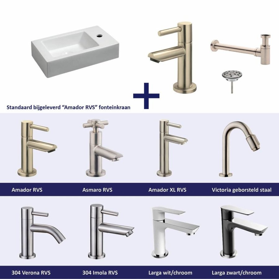 Fonteinset Chepri Keramiek Rechts 46X26X11 Cm Rvs (Keuze Uit 8 Kranen)