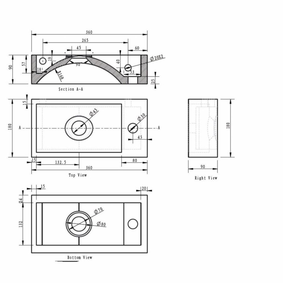 Fonteinset Natuursteen Rechts 36X18X9 Cm Rvs (Keuze Uit 8 Kranen)