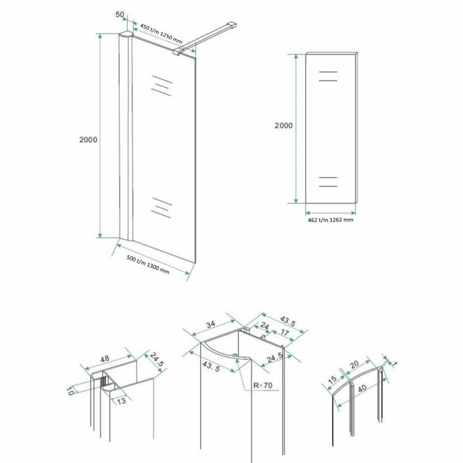 Douchewand met Verticale Stabilisatiestang 10mm NANO Coating (50 t/m 130 cm)