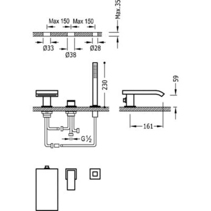 Cuadro Badrandcombinatie CUADRO met waterval en handdouche antikalk 10616102