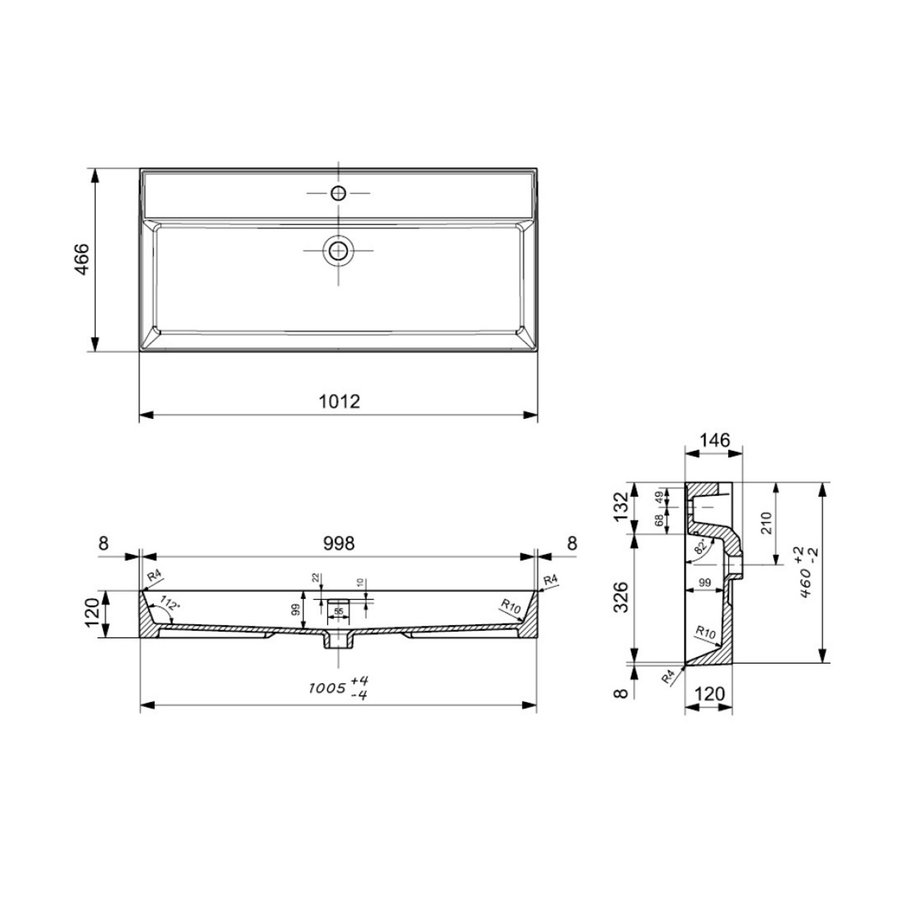 Wastafel AQS Cloud Zonder Kraangat 100x46,6 cm met Overloop Mat Wit