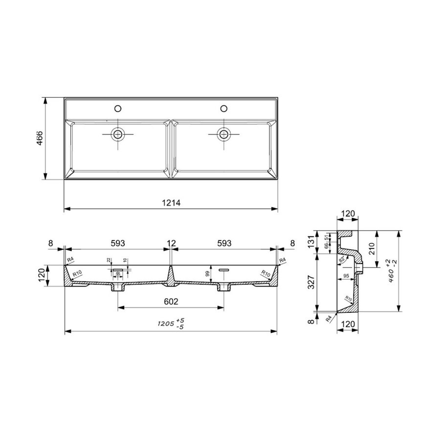 Wastafel Dubbel AQS Cloud Zonder Kraangat 120x46,6 cm met Overloop Wit