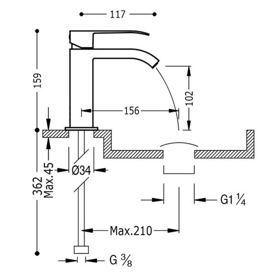 Wastafelmengkraan Tres Cuadro 1-Hendel Uitloop Gebogen 10 cm met Waterval Vierkant Mat Zwart