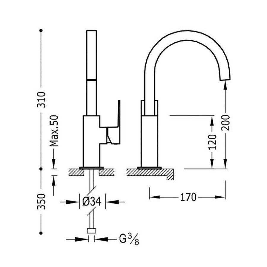 Wastafelmengkraan Tres Cuadro 1-Hendel Uitloop Gebogen 20 cm Vierkant Mat Zwart