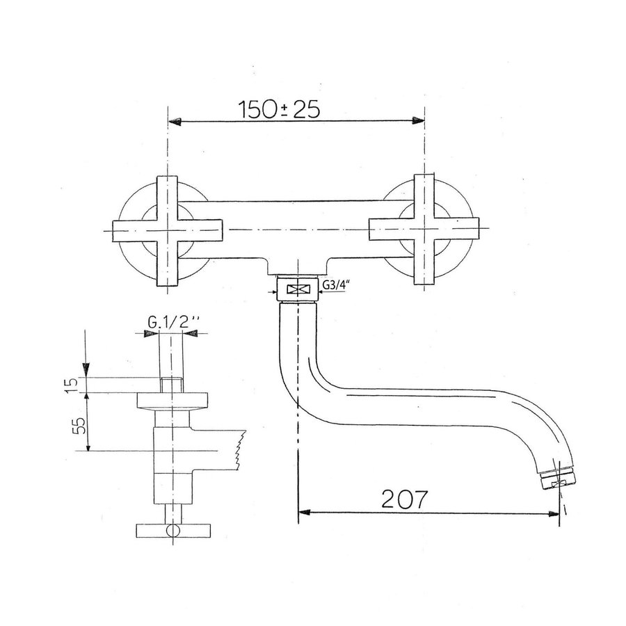 Wastafelmengkraan Sapho Axia 2-kruisgreep Uitloop Gebogen 20.7 cm Chroom