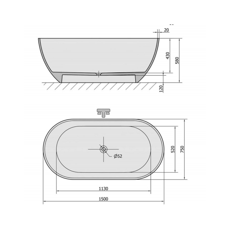 Vrijstaand Bad Sapho Reduta Marmer 150x75x58 cm Wit / Zwart