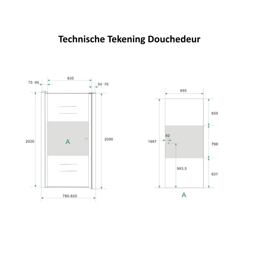 Douchecabine Aqua Splash met Middenband op Nisdeur en Vaste Wand 80 cm Links Scharnierend (vijf verschillende maten)