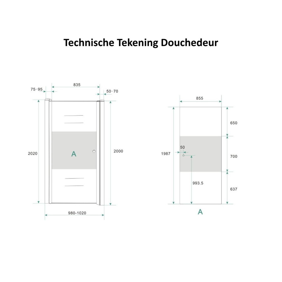 Douchecabine Aqua Splash met Middenband op Nisdeur en Vaste Wand 100 cm Links Scharnierend (vijf verschillende maten)