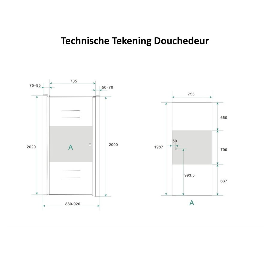 Douchecabine Aqua Splash met Middenband op Nisdeur en Vaste Wand 90 cm Rechts Scharnierend (vijf verschillende maten)