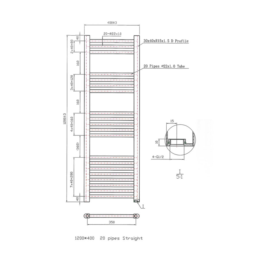 Designradiator Boss & Wessing Vertico Multirail 120x40 cm Chroom Zij-Onderaansluiting