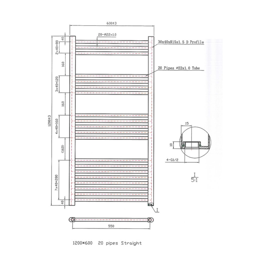 Designradiator Boss & Wessing Vertico Multirail 120x60 cm Chroom Zij-Onderaansluiting