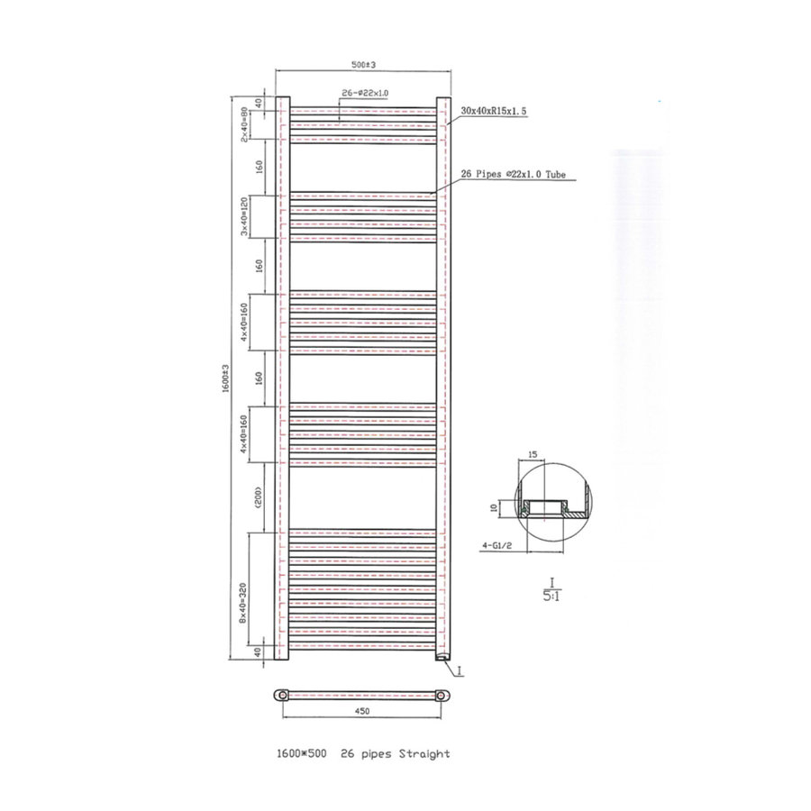 Designradiator Boss & Wessing Vertico Multirail 160x50 cm Chroom Zij-Onderaansluiting