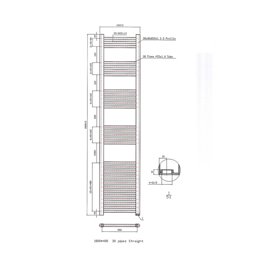 Designradiator Boss & Wessing Vertico Multirail 180x40 cm Wit Zij-Onderaansluiting