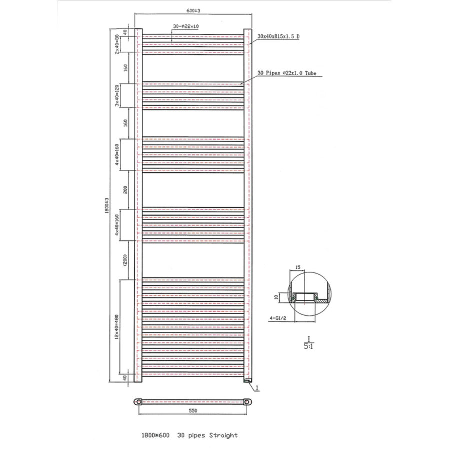 Designradiator Boss & Wessing Vertico Multirail 180x60 cm Chroom Zij-Onderaansluiting