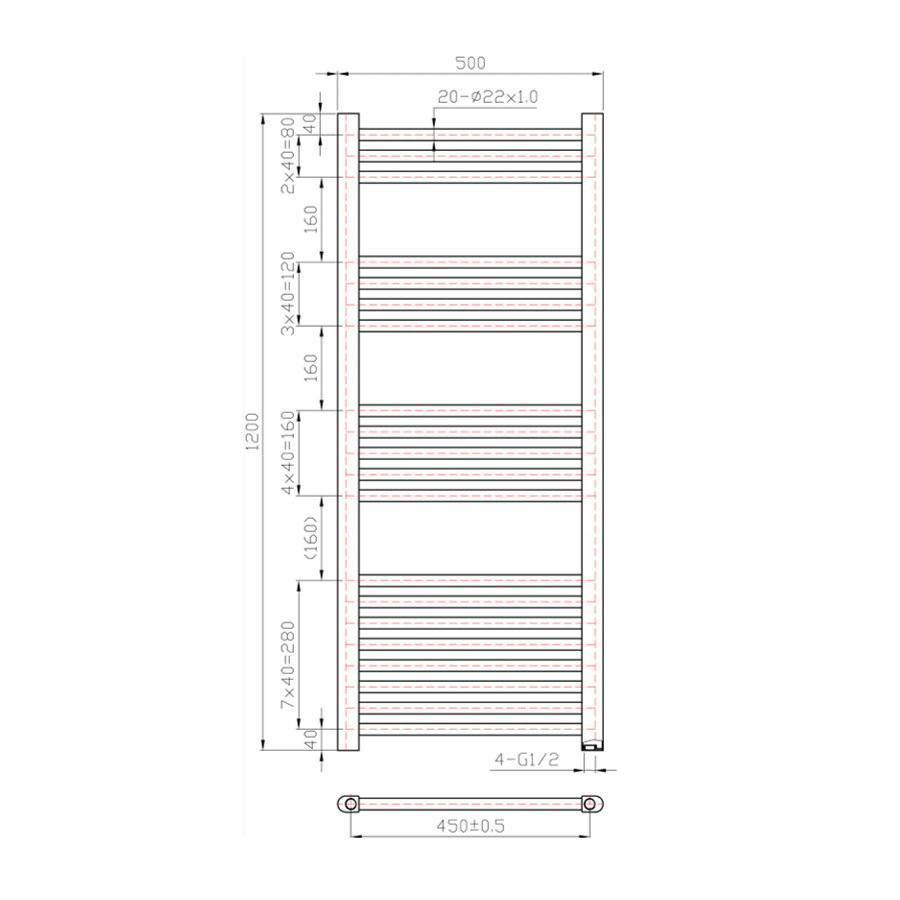 Designradiator Boss & Wessing Vertico Multirail 120x50 cm Antraciet Zij-Onderaansluiting