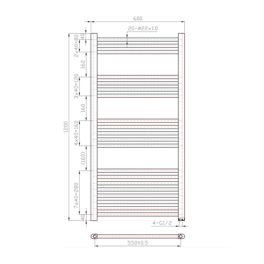 Designradiator Boss & Wessing Vertico Multirail 120x60 cm Antraciet Zij-Onderaansluiting