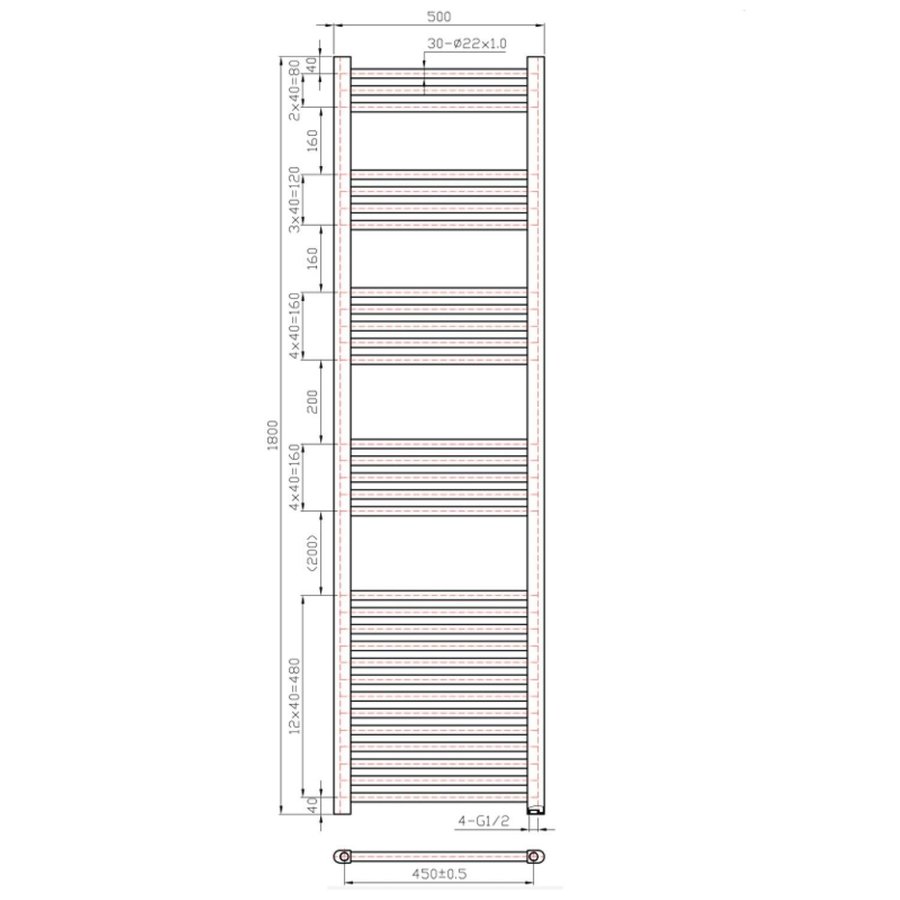 Designradiator Boss & Wessing Vertico Multirail 180x50 cm Antraciet Zij-Onderaansluiting