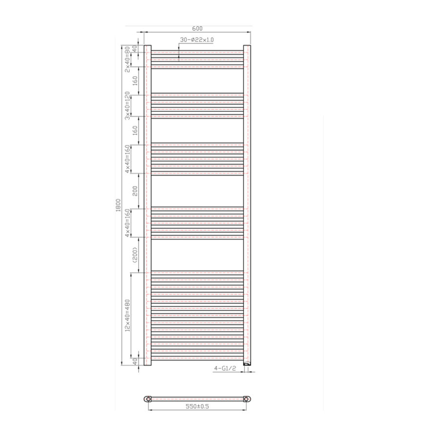 Designradiator Boss & Wessing Vertico Multirail 180x60 cm Antraciet Zij-Onderaansluiting