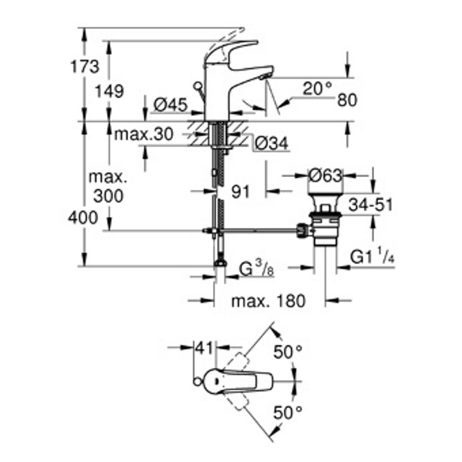 Wastafelkraan Grohe Start Curve 1-gats S-size met Waste en 28 mm Cartouche Chroom