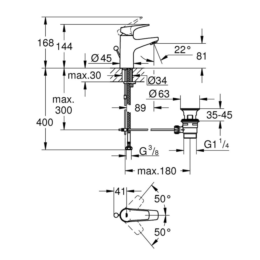 Wastafelkraan Grohe Start Flow 1-gats S-size 28 mm Cartouche met Waste Chroom