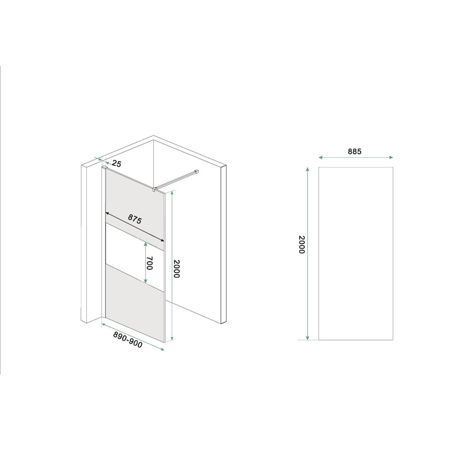 BWS Inloopdouche Pro Line Rookglas met Middenband 90x200 8mm Nano Coating