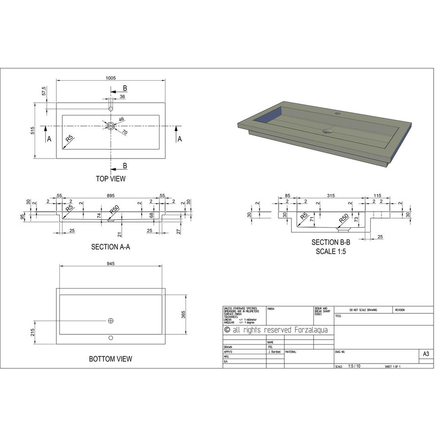 Wastafel Forzalaqua Helsinki Hardsteen Gezoet Met Kraangat 100,5x51,5x9,5 cm