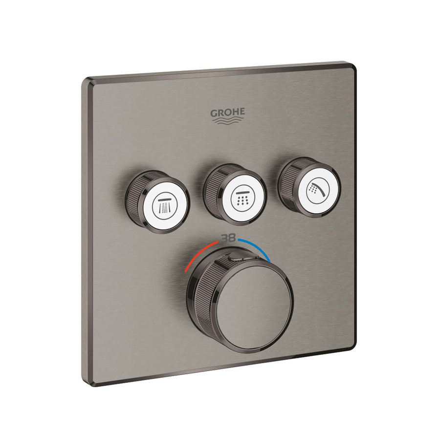 Inbouwkraan Grohe Grohtherm Smart Control Thermostaatkraan met 3-weg Omstelling Vierkant Hard Graphite Geborsteld