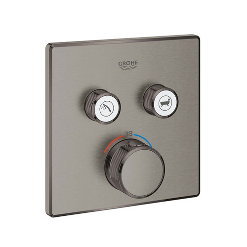 Inbouwkraan Grohe Grohtherm Smart Control Thermostaatkraan met 3-weg Omstelling Vierkant 3 Knop Hard Graphite Geborsteld 