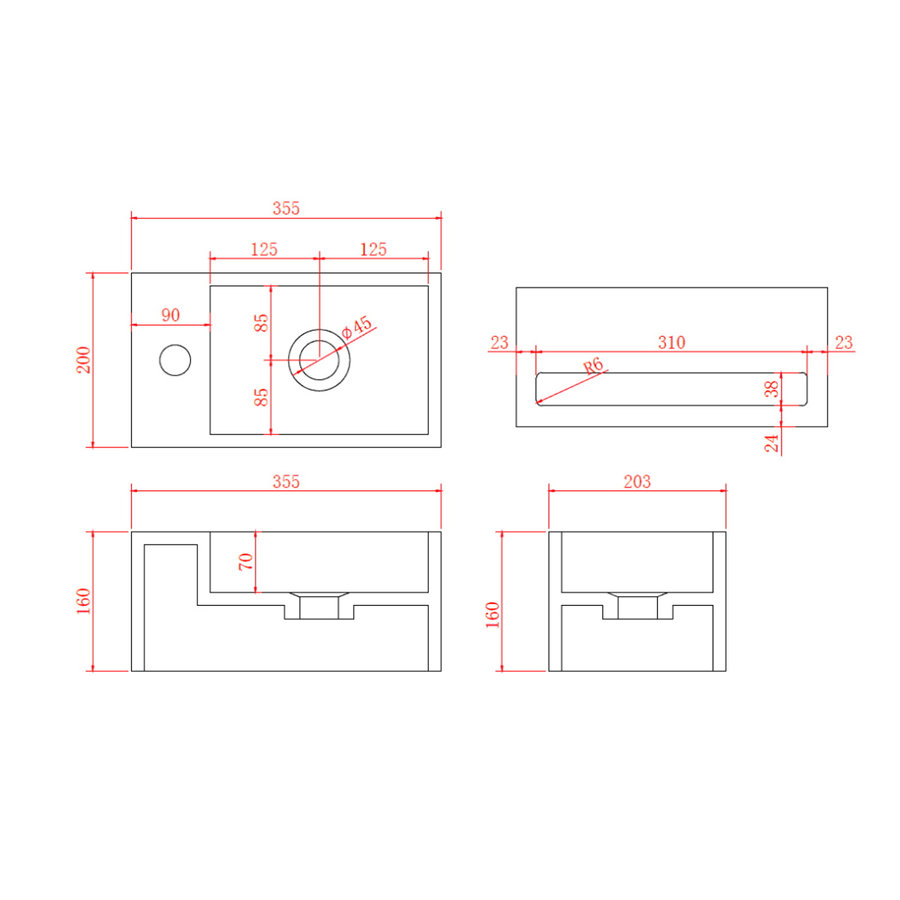 Fontein AquaSplash Bali Solid Surface 36x20 cm Kraangat Rechts Mat Zwart