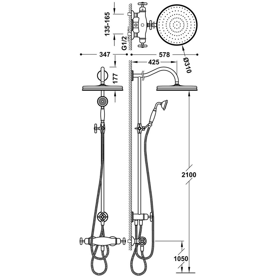 Regendoucheset Tres Clasic Thermostatische Opbouw Incl. Handdouche Doucheslang 170 cm RVS