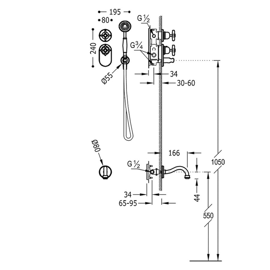 Badkraan Tres Clasic Thermostatisch Inbouw Incl. Handdouche RVS