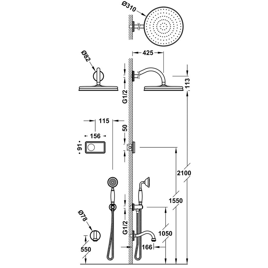 Regendoucheset Tres Clasic Inbouw Elektronische Thermostaat Incl. Handddouche 3-weg RVS