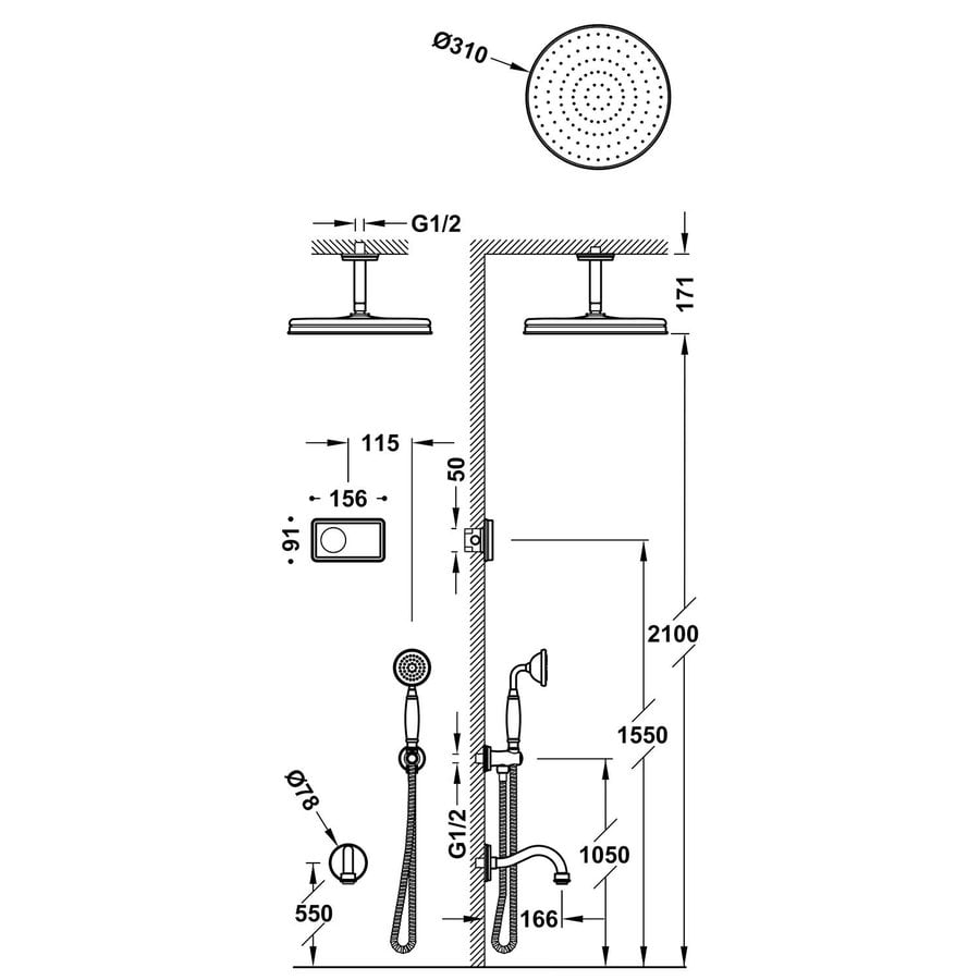 Regendoucheset Tres Clasic Inbouw Plafondarm Elektronische Thermostaat Incl. Handddouche 3-weg RVS