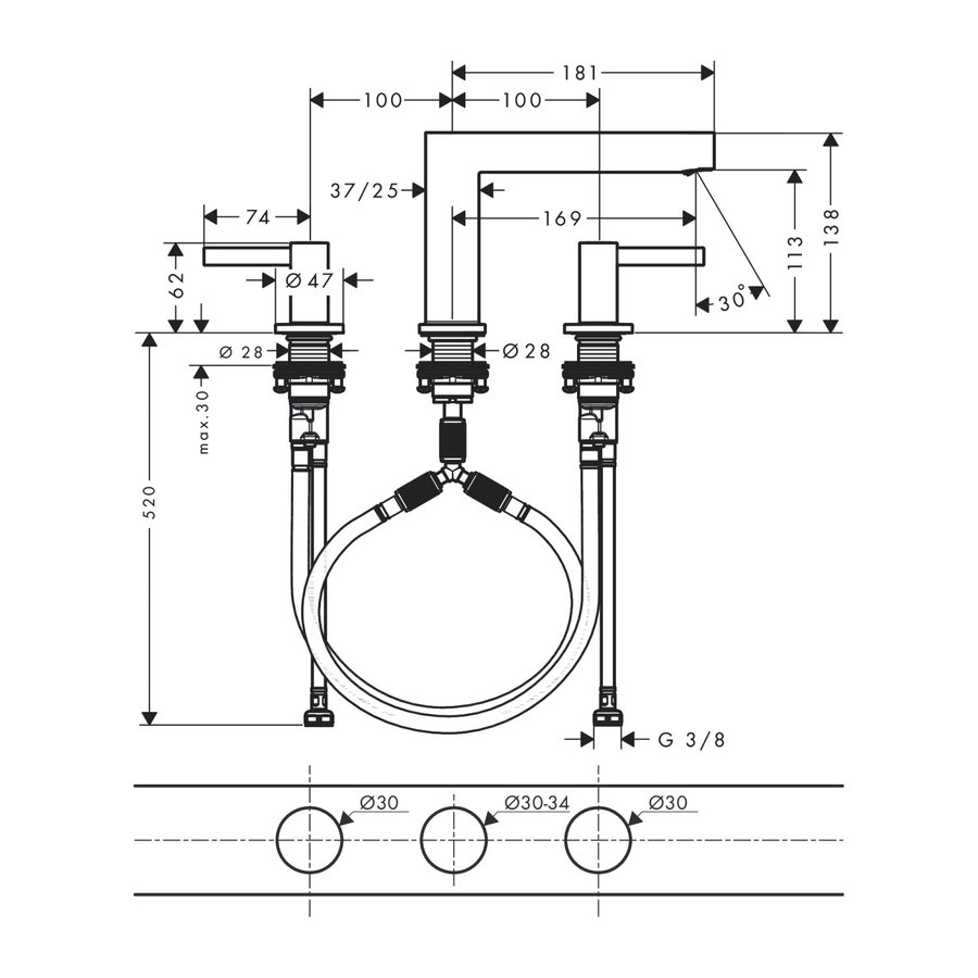 Wastafelmengkraan Finoris HansGrohe 3-gats 110 met Push-Open Waste Chroom