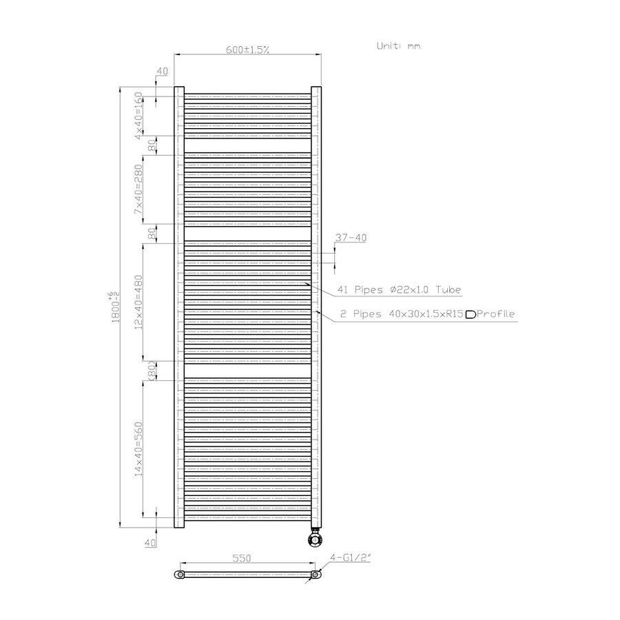 Elektrische Badkamer 1800x600mm radiator Best-Design Wit