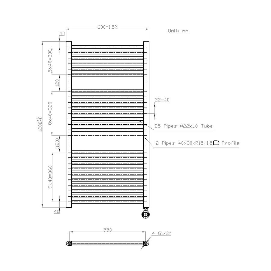 Elektrische Badkamer 1200x600mm radiator Best-Design Mat Zwart