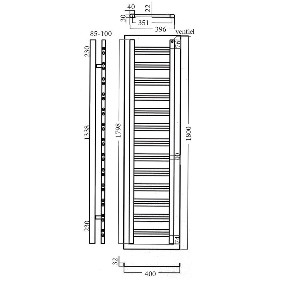 Designradiator Sanicare Denso 1800 40x180 cm Mat Zwart