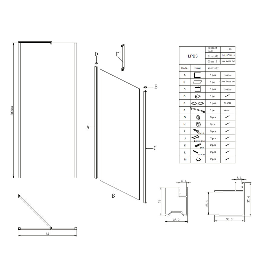 Douchewand Lacus Giglio Evo Fox tbv Nisdeur Gilgio Evo Fox 75 cm Mat Glas Chroom