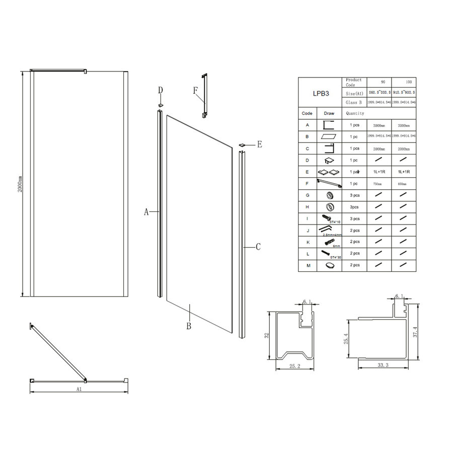 Douchewand Lacus Giglio Evo Fox tbv Nisdeur Gilgio Evo Fox 90 cm Mat Glas Chroom