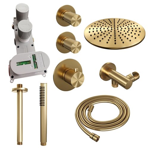 Regendoucheset Inbouw Brauer Gold Carving Thermostatisch 30cm met Plafondarm en Handdouche Staaf Losse Stopkranen Geborsteld Goud 