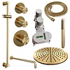 Brauer Regendoucheset Inbouw Brauer Gold Carving Thermostatisch 30cm met Gebogen Wandarm, Glijstang en Handdouche Staaf Losse Stopkranen Geborsteld Goud