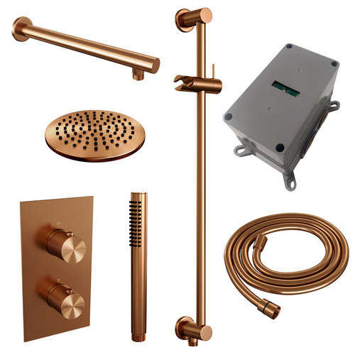 Regendoucheset Inbouw Brauer Copper Carving Thermostatisch 20cm met 3-Weg Omstelling, Wandarm, Glijstang en Staaf Handdouche Geborsteld Koper 