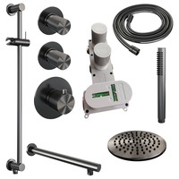 Regendoucheset Inbouw Brauer Gunmetal Carving Thermostatisch 20cm met Wandarm, Glijstang en Handdouche Staaf Losse Stopkranen Geborsteld Gunmetal