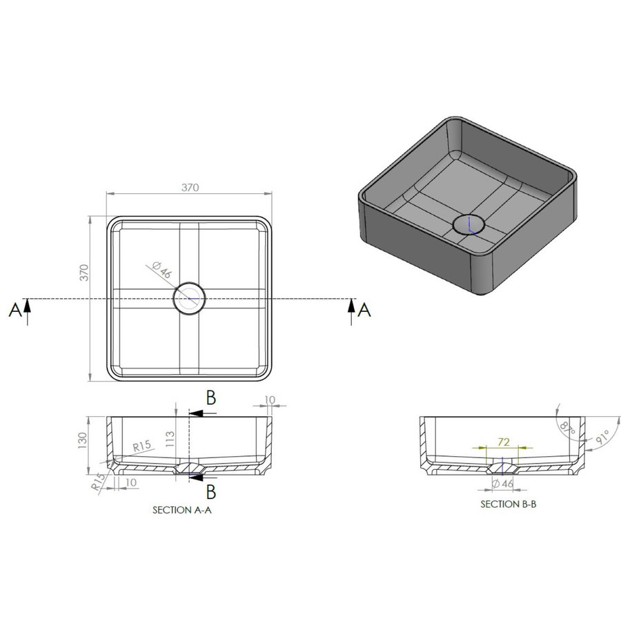 Opbouw Waskom Arcqua Case Vierkant 37x37 cm Mat Zwart