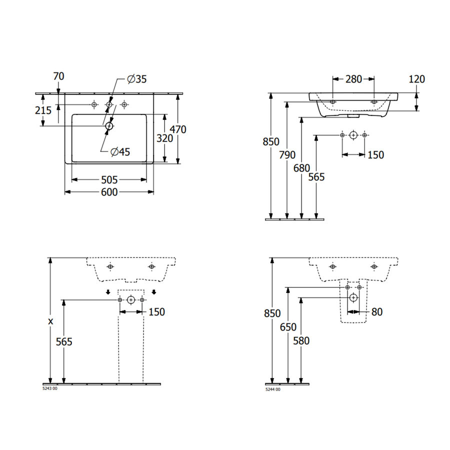 Wastafel Villeroy & Boch Subway 3.0 Met CeramicPlus 1 Kraangat Geen Overloop 60x47x16.5 cm Stone White