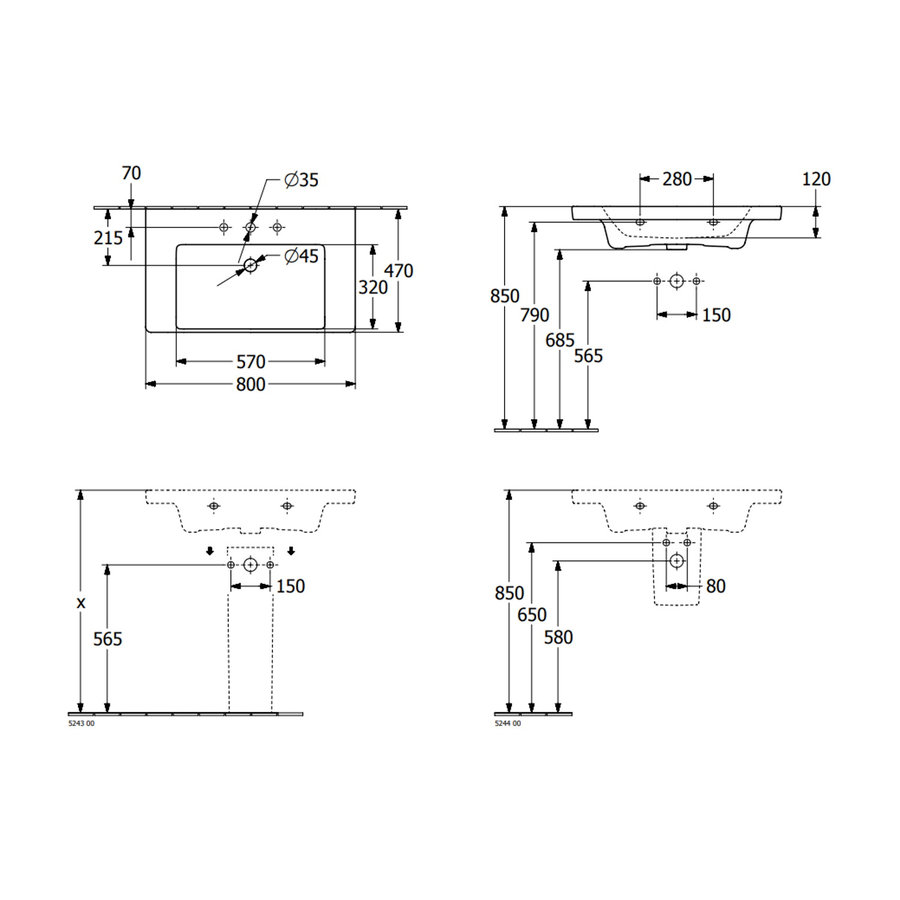 Wastafel Villeroy & Boch Subway 3.0 Met CeramicPlus Geen Kraangaten Geen Overloop 80x47x16.5 cm Stone White