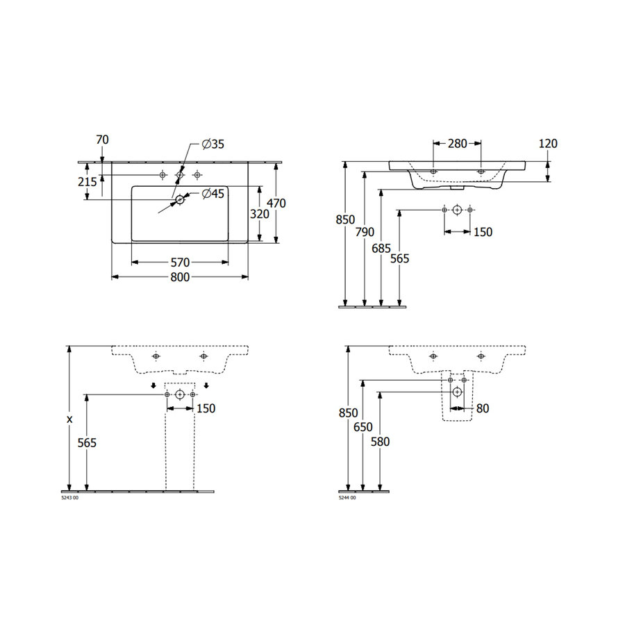 Wastafel Villeroy & Boch Subway Met CeramicPlus Geen Kraangaten Geen Overloop 3.0 80x47x16.5 cm Wit Alpin