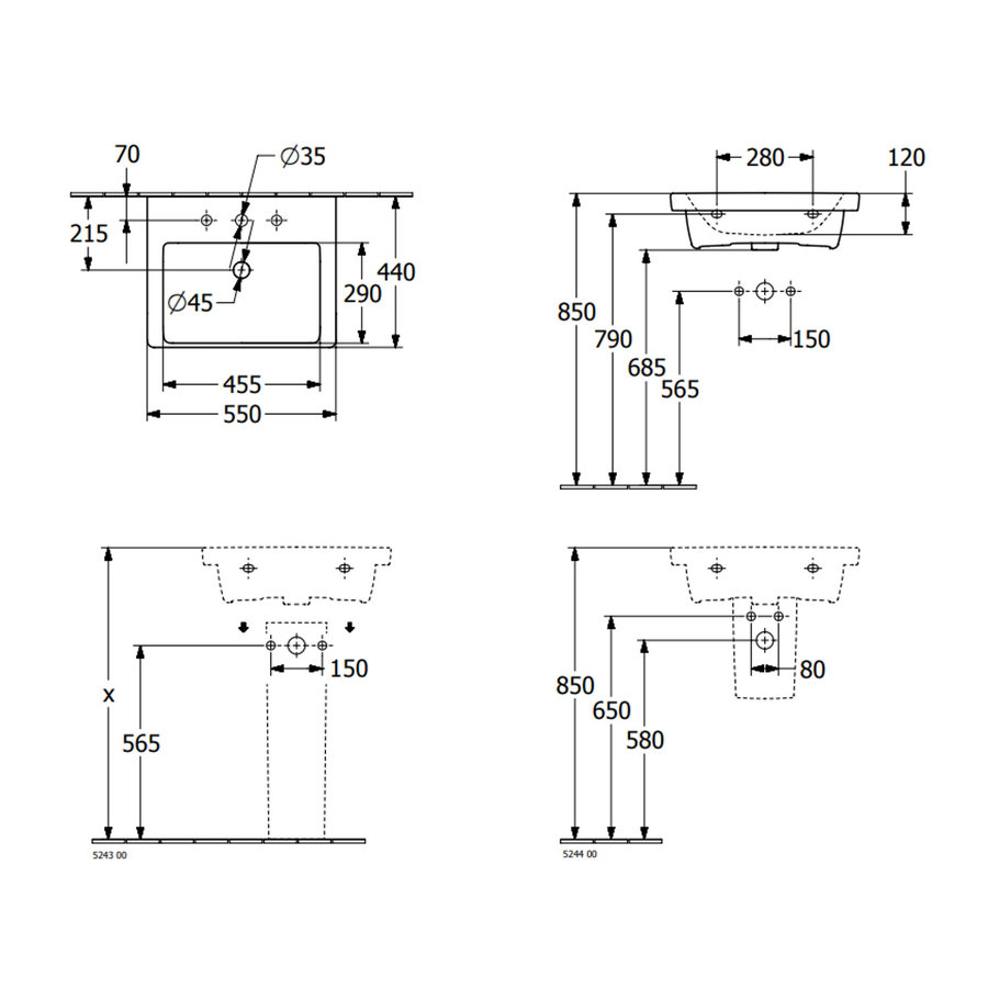 Wastafel Villeroy & Boch Subway 3.0 Met CeramicPlus Zonder Kraangat Zonder Overloop 55x44x16.5 cm Wit Alpin