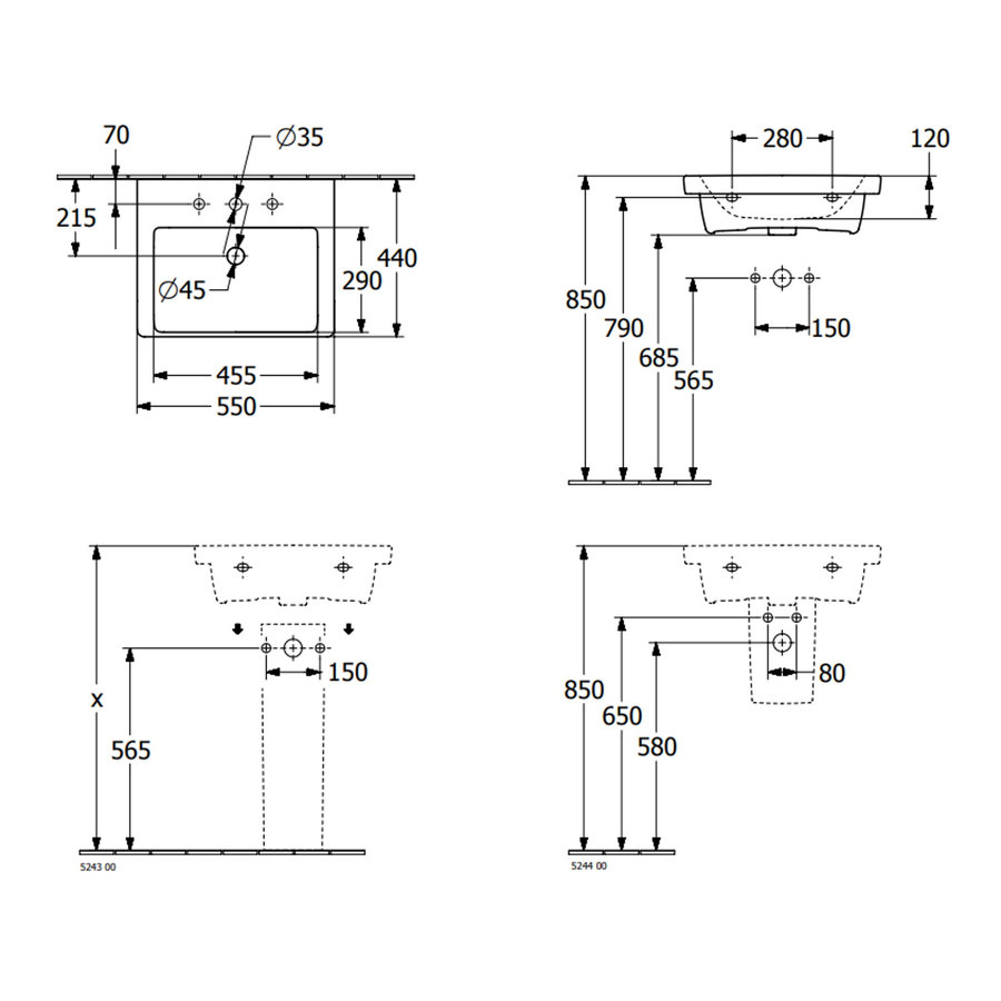 Wastafel Villeroy & Boch Subway 3.0 Zonder Kraangat Zonder Overloop 55x44x16.5 cm Wit Alpin