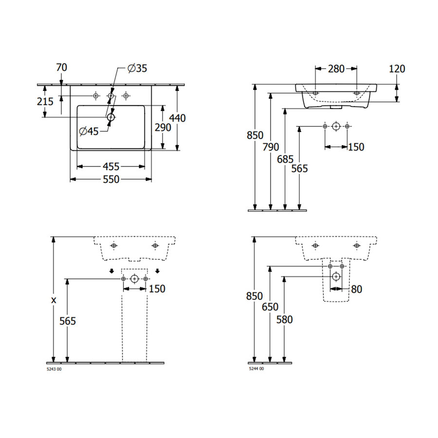 Wastafel Villeroy & Boch Subway 3.0 Met CeramicPlus 1 Kraangat Met Overloop 55x44x16.5 cm Wit Alpin